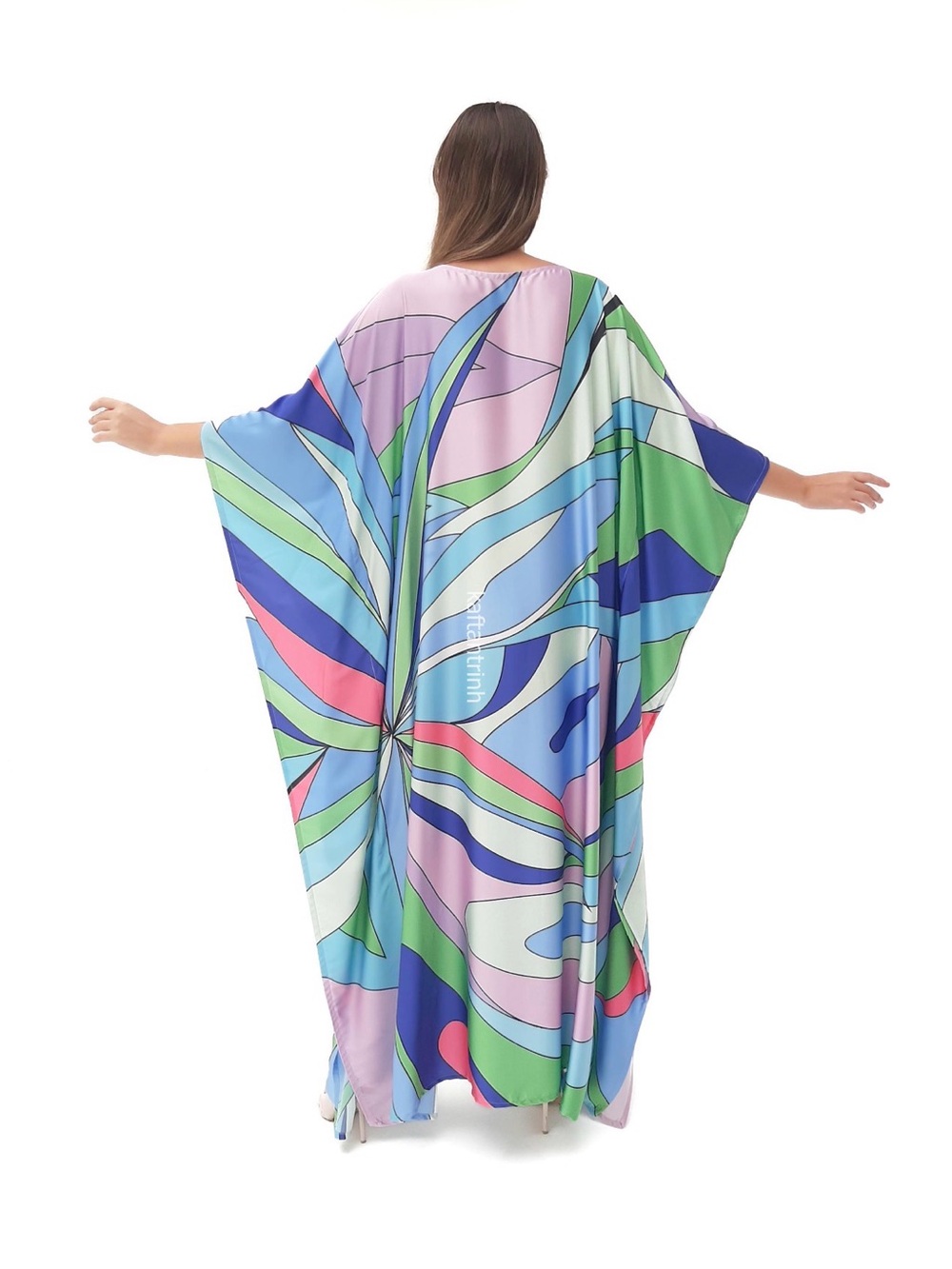 Pastel Abstract Maxi Kaftan in Blue, Pink & Green - Picture 2 of 3